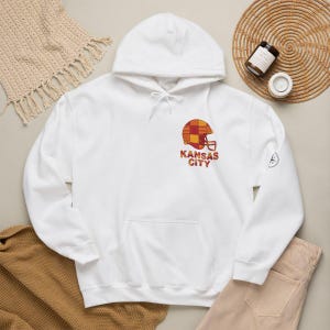 Kansas City Chiefs Patchwork-Helm-Hoodie, Retro-Football-Sweatshirt, Spieltagspullover, Fan-Hoodie Bild 1