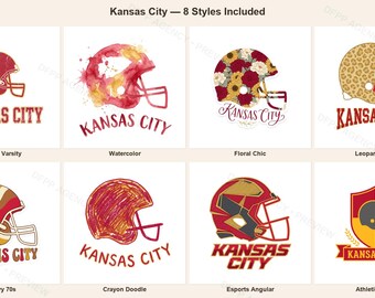 Może przedstawiać: Kolekcja ośmiu grafik kasków futbolowych Kansas City o różnorodnych wzorach, w tym akwarelowych, kwiatowych, w cętki, w faliste paski, rysowanych kredką, kanciastych oraz w formie herbu, z towarzyszącym napisem Kansas City.