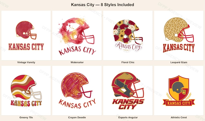 Kansas City Helm-PNG-Bundle, 8 Football-Fan-Designs, Sublimations- und DTF-Designs, Sofort-Download Bild 1