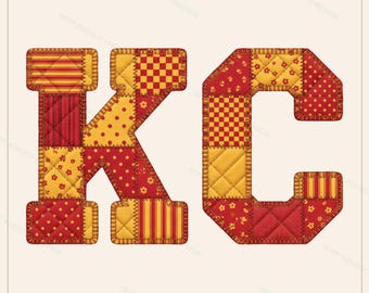 May include: The letters K and C rendered in a patchwork quilt style. Each letter is composed of various fabric squares featuring red and yellow color schemes with patterns including stripes, polka dots, small floral prints, and checkered designs.