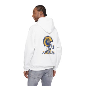 Los Angeles Blue & Gold Football Patchwork Helmet Hooded Sweatshirt, Game Day Hoodie, Fan Pullover Gift image 6