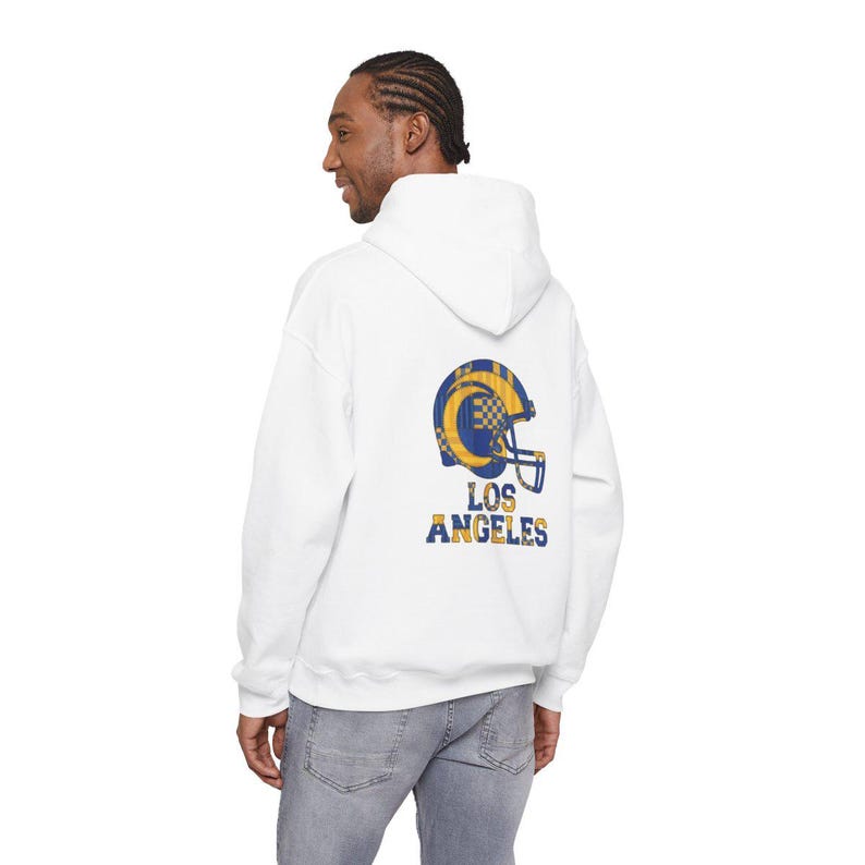 Los Angeles Blue & Gold Football Patchwork Helmet Hooded Sweatshirt, Game Day Hoodie, Fan Pullover Gift image 6