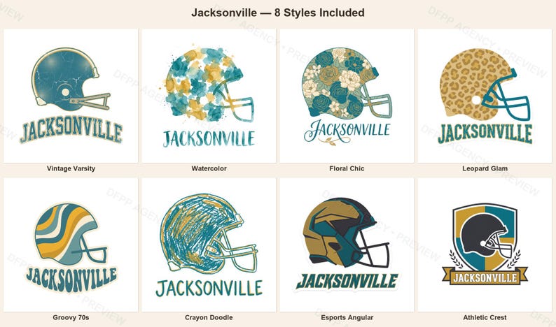 Jacksonville Football PNG Bundle, 8 Helmet Designs, Game Day Sublimation Set, Digital Download image 1