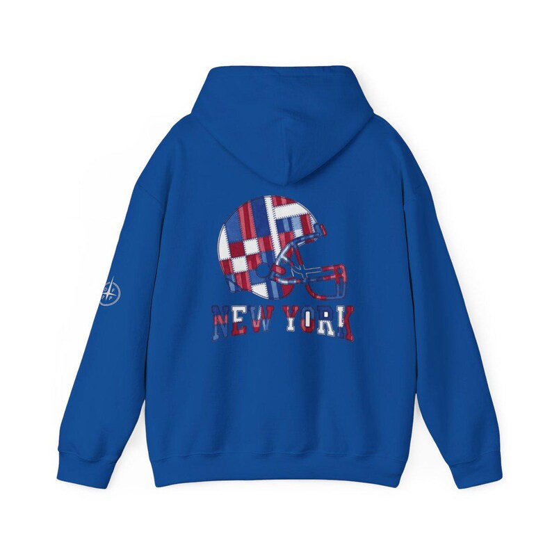 New York Blue & Red Football Patchwork Helmet Hooded Sweatshirt, Game Day Hoodie, Fan Pullover Gift image 7