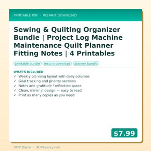 May include: A digital sewing and quilting organizer bundle with project log, machine maintenance, quilt planner, and fitting notes. Includes 4 printables with weekly planning, goal tracking, and reflection space. Features a clean, minimal design for easy reading.