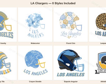 May include: A collection of eight Los Angeles football helmet designs featuring various patterns including vintage varsity, watercolour, floral, leopard print, wavy lines, crayon doodle, angular esports, and an athletic crest, all labelled Los Angeles.