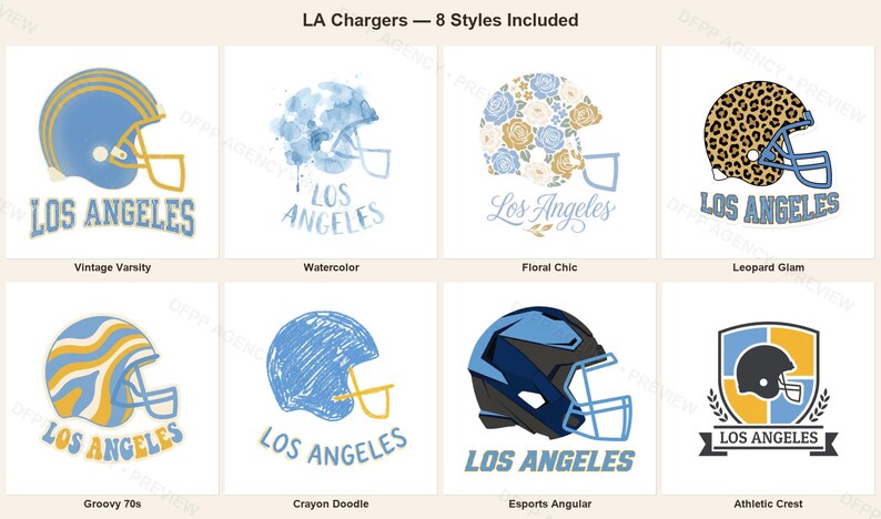 Los Angeles Chargers American Football PNG-bundel, 8 helmdesigns, sublimatieset voor wedstrijddagen, digitale download afbeelding 1