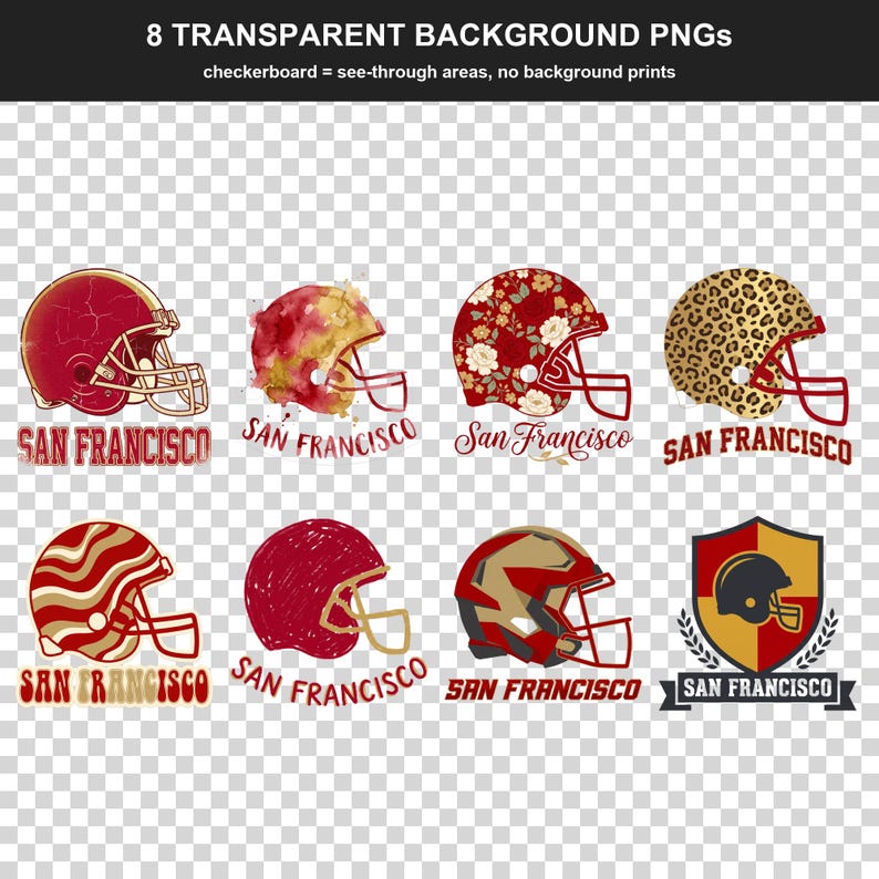 San Francisco Football Sublimation Bundle, 8 PNG Helmet Designs, Game Day Shirt Clipart, Digital Download image 2