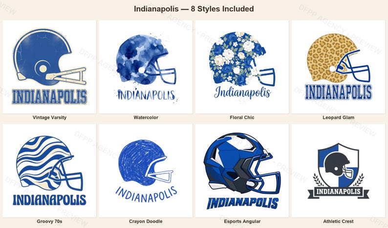 Indianapolis Football Sublimations-Bundle, 8 PNG-Helm-Designs, Cliparts für Spieltags-Shirts, Digitaler Download Bild 1