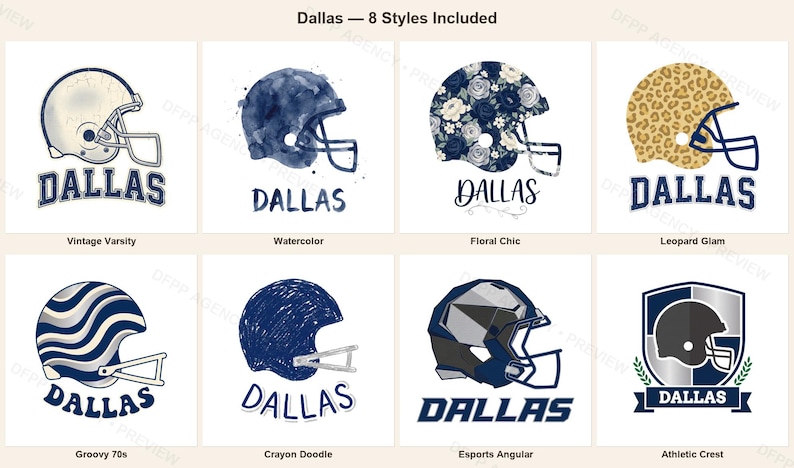 Dallas Helmet PNG Bundle, 8 Football Fan Styles, Sublimation and DTF Designs, Instant Download image 1
