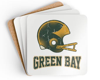 Green Bay Vintage Varsity Helmet Cork Coaster, Football Fan Drink Coaster, Home Bar Decor, Sports Gift
