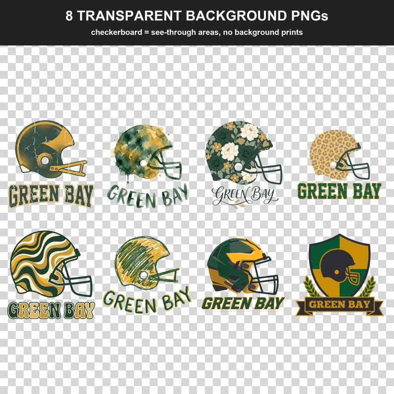 Green Bay Football PNG Bundle, 8 Helmet Designs, Game Day Sublimation Set, Digital Download image 2