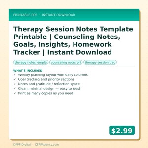 May include: A printable PDF template for therapy session notes. The design includes sections for counseling notes, goals, insights, and a homework tracker. Features a weekly planning layout, goal tracking, and space for notes and gratitude.