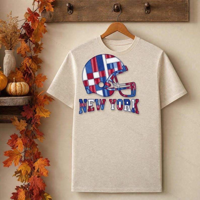 New York Giants Game Day T-Shirt, Patchwork Helmet Football Fan Tee, Vintage Style Sports Shirt image 6