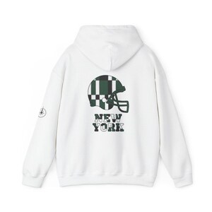 New York Green & White Patchwork Helmet Hoodie, Retro Football Sweatshirt, Game Day Pullover, Fan Hoodie image 5