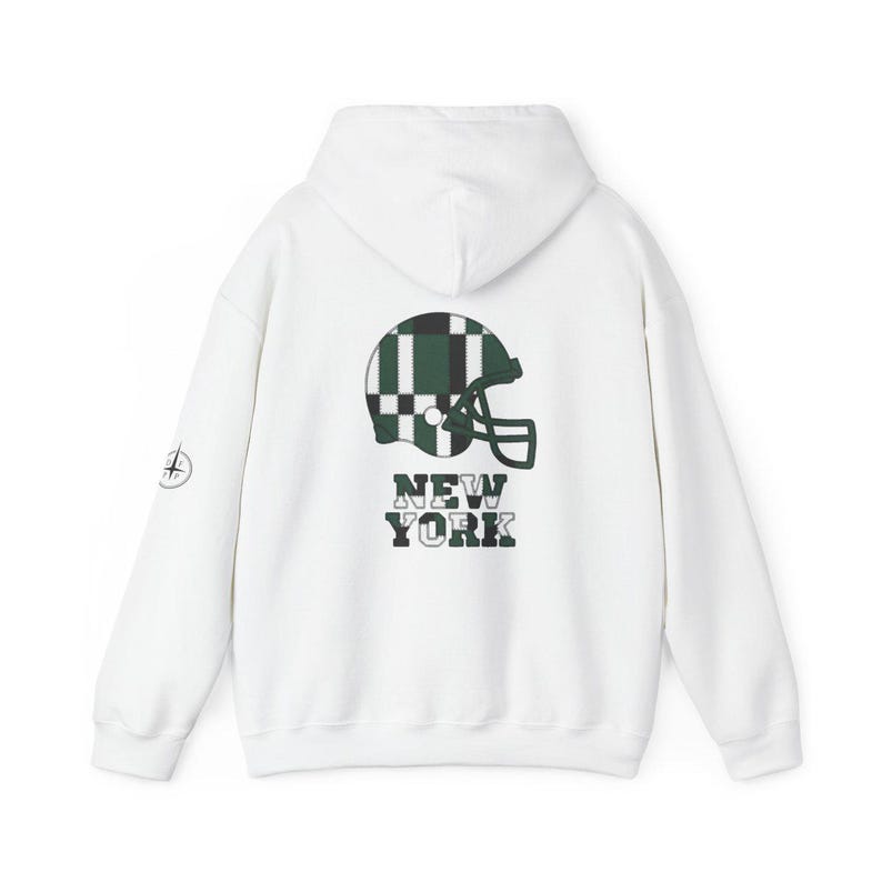 New York Green & White Patchwork Helmet Hoodie, Retro Football Sweatshirt, Game Day Pullover, Fan Hoodie image 5