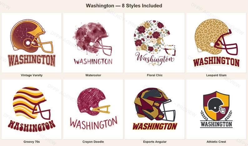 Pacchetto PNG di Washington Football, 8 design per caschi, set per sublimazione per il giorno della partita, download digitale immagine 1