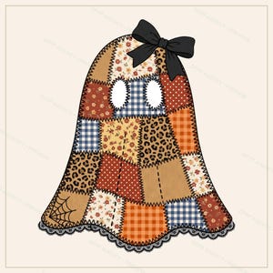 May include: A ghost-shaped graphic illustration composed of various patchwork fabric patterns including floral, leopard print, plaid, and spiderweb designs in shades of orange, brown, blue, and cream, topped with a solid black bow and lace trim.