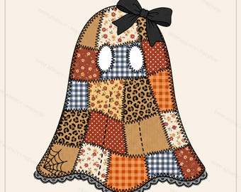May include: A ghost-shaped graphic illustration composed of various patchwork fabric patterns including floral, leopard print, plaid, and spiderweb designs in shades of orange, brown, blue, and cream, topped with a solid black bow and lace trim.