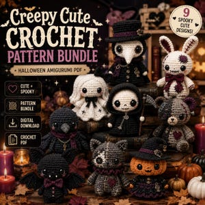 May include: A digital crochet pattern bundle titled Creepy Cute Crochet Pattern Bundle featuring nine spooky amigurumi designs including a plague doctor, a ghost, a skeleton, a rabbit, a crow, a bear, a bat, a cat, and a pumpkin character.