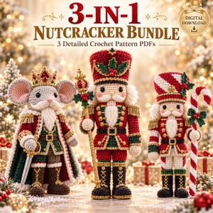Può includere: Un pacchetto 3-in-1 di schiaccianoci in download digitale con tre bambole all'uncinetto: un re topo con corona e mantello, uno schiaccianoci classico con scettro e uno schiaccianoci con bastoncino di zucchero, nei colori rosso, verde e oro.