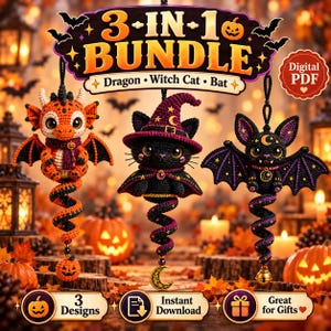 May include: A 3-in-1 digital PDF crochet pattern bundle featuring three hanging ornaments: an orange and black dragon, a black cat wearing a purple witch hat and cape, and a black bat with purple accents, each with a spiral tail and charm.