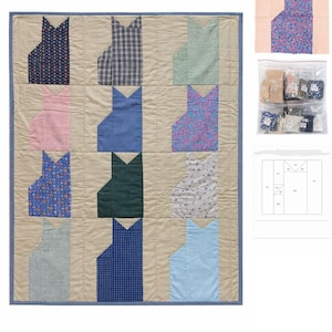 May include: A quilt featuring a grid of twelve cat-shaped fabric appliqués in various patterns and colours, including floral, plaid, and solid prints, set against a beige background with a blue border, accompanied by fabric swatches and a pattern diagram.