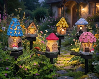 Luminárias solares de jardim em formato de casinha de fadas | Decoração externa à prova d'água em estilo cottagecore | Enfeites de jardim com cogumelos e flores para caminhos