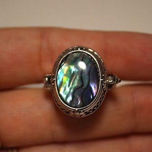 Abalone Shell Poison Ring, Silver Antique Gemstone Ring