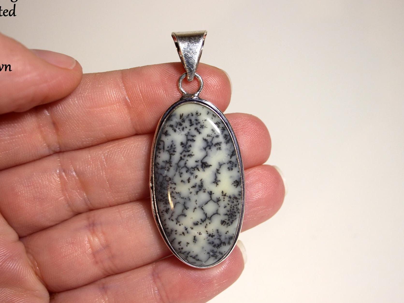 Dendritic Agate Pendant, White Semi Precious Gemstone Pendant, Jewelry Making