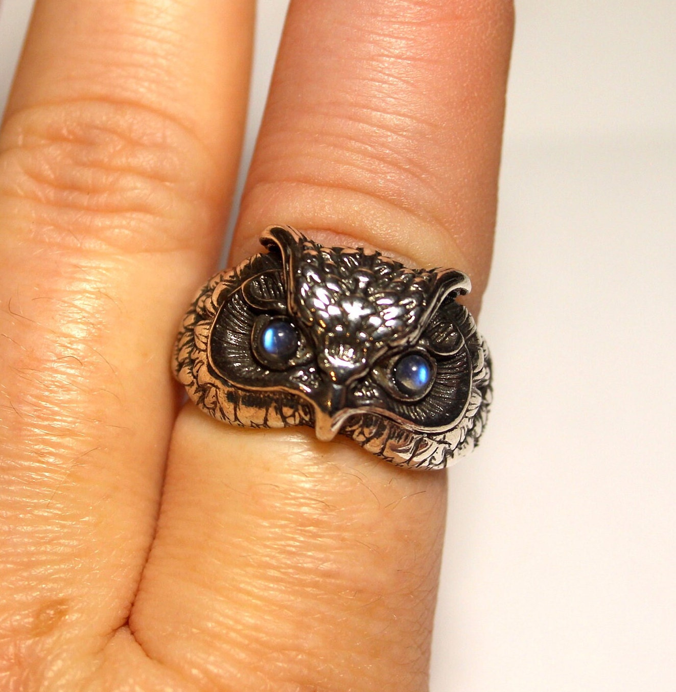 Blue Labradorite Owl Ring, Blue Flash Labradorite, Adjustable Size Gemstone Ring