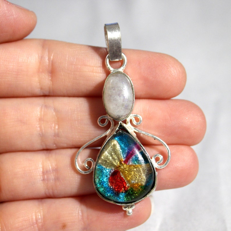Dichroic Glass /& Moonstone Pendant Oval Pendant Gemstone Pendant Jewelry Supply Semi Precious -#121 Silver Setting Blue Gemstone