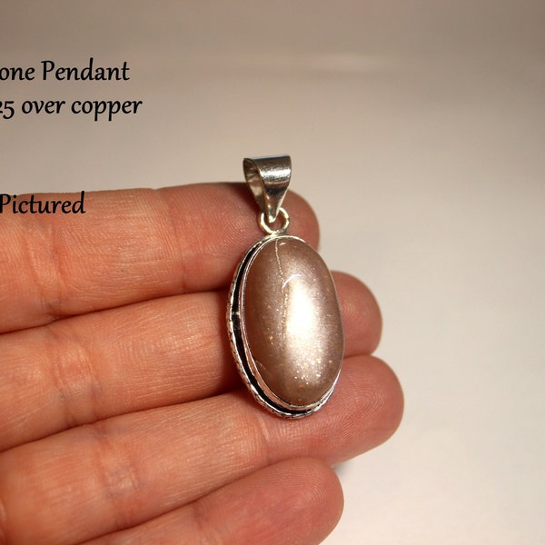 Peach Moonstone Pendant - Silver Setting - Oval Pendant - Pink Gemstone - Gemstone Pendant - Jewelry Supply - #1,960