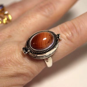 Carnelian Agate Locket Ring, Silver Antique Gemstone Ring
