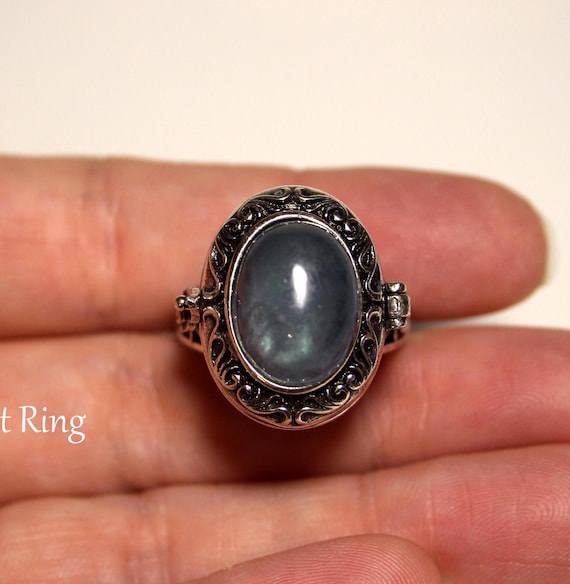 Aquamarine Poison Ring, Silver Antique Gemstone Locket Ring Mourning Gift to Store Ashes