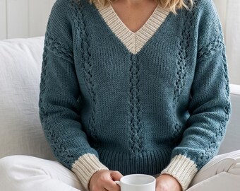 Stickmönster för tröja med v-ringad spetspanel: Stor tröja med ballongärm (PDF)