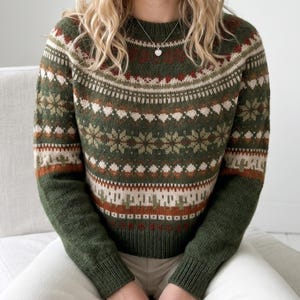 May include: A long-sleeve knit sweater in olive green featuring a multi-colored Fair Isle pattern across the chest and sleeves. The design includes horizontal bands of geometric shapes, stylized snowflakes, and small cactus motifs in cream, rust, and dark green.