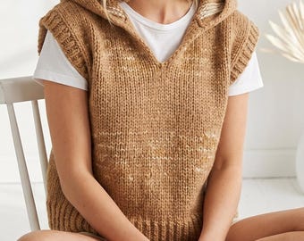 Knitted Hooded Vest Pattern PDF, Bulky Yarn Sleeveless Hoodie Knit, Modern Layering Garment (PDF)