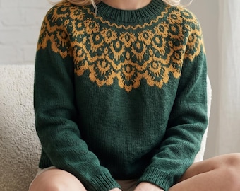 Nordisk färgstickad oktröja stickmönster PDF, sömlös Fair Isle-tröja