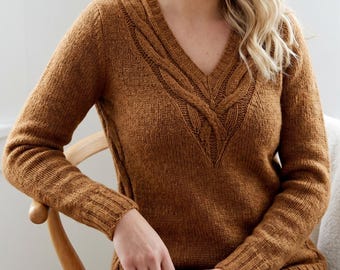Patrón de punto para jersey de punto con cuello en V y trenzas – Jersey ajustado (patrón en PDF)
