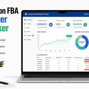 May include: A laptop displaying the Amazon FBA Master Tracker dashboard with data visualisations, including a line graph, a pie chart, and a reorder alerts table. The text reads Amazon FBA Master Tracker, Track Inventory, Monitor Profits, Avoid Stockouts.