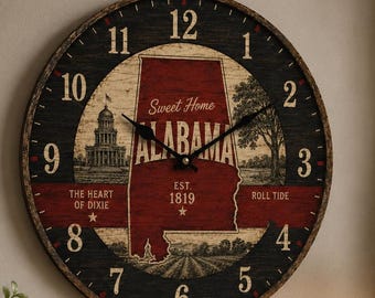 Alabama Rustic Farmhouse Wall Clock, Southern Vintage Decor, Roll Tide Art