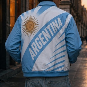 May include: A light blue and white jacket with the word "ARGENTINA" printed on the back. The jacket features the Argentinian flag design, including a sun emblem. The jacket is worn with blue jeans.