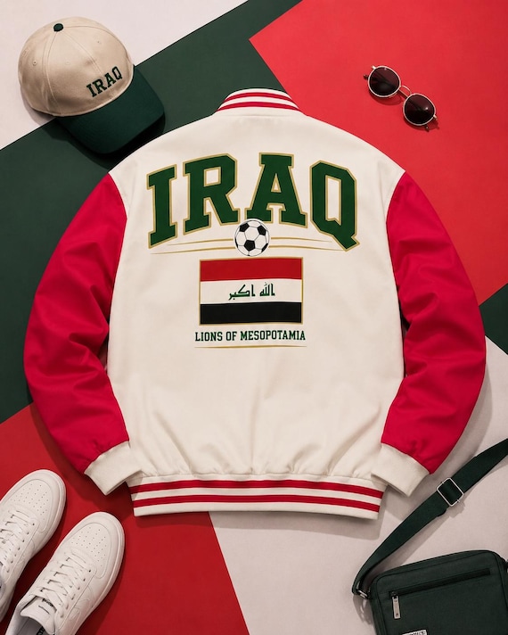 Iraq Soccer Jacket, Iraq Football Fan Jacket, Lions of Mesopotamia Varsity Jacket, Iraq National Team Inspired Bomber Jacket, Game Day