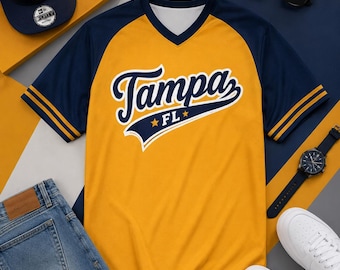 Tampa FL Baseball Style T Shirt Yellow and Navy Varsity Athletic