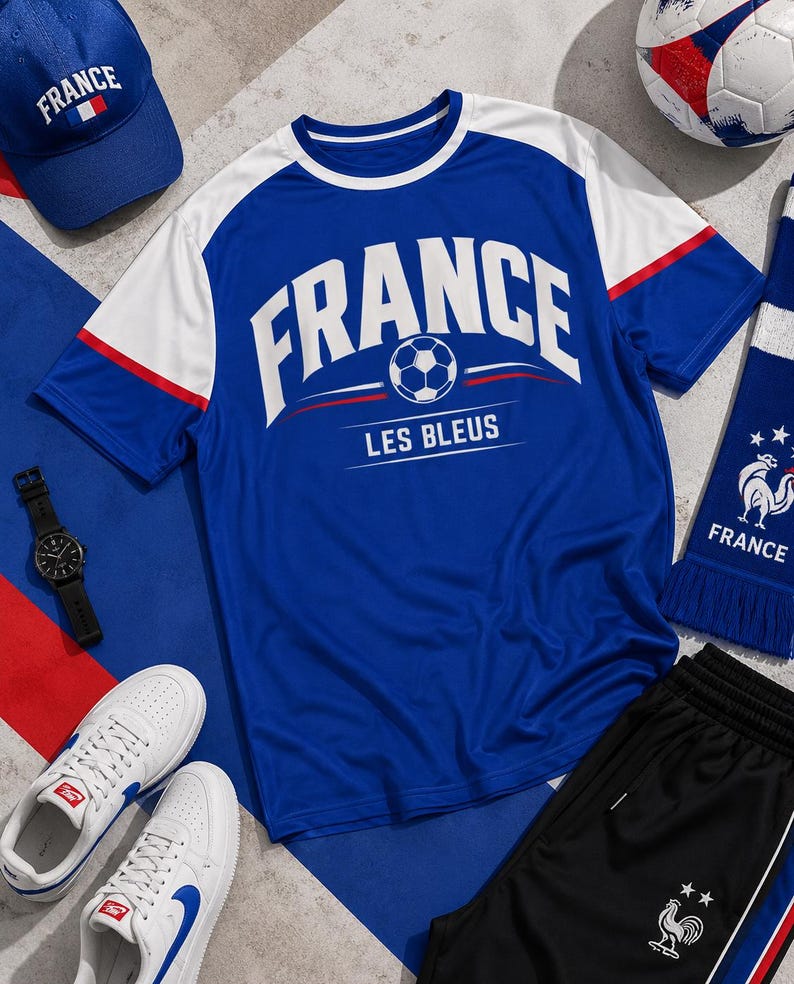 Puede incluir: Un conjunto de art&iacute;culos con tem&aacute;tica francesa: una camiseta azul con "FRANCE" y un bal&oacute;n de f&uacute;tbol, una gorra a juego, una bufanda, pantalones cortos negros, un bal&oacute;n de f&uacute;tbol, un reloj y zapatillas blancas con detalles azules. El texto "LES BLEUS" tambi&eacute;n es visible.