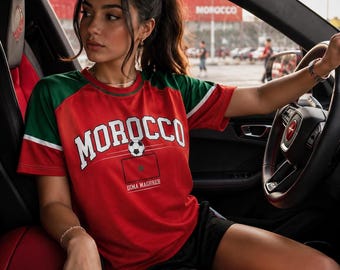 Koszulka piłkarska Maroka Dimy Maghrebu – Koszulka kibica Maroka – Koszulka kibica Mistrzostw Świata 2026 – Koszulka z grafiką retro z marokańskim futbolem