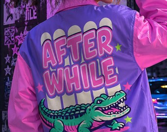 Kurtka typu bomberka w stylu retro z aligatora After While: pastelowa kurtka typu bomber w stylu streetwear z roku 2000