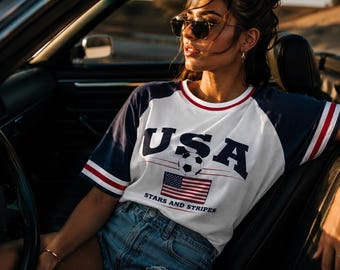 Koszulka piłkarska USA Stars and Stripes – Koszulka kibica USA Football – Koszulka kibica Mistrzostw Świata 2026 – Koszulka z grafiką retro American Soccer