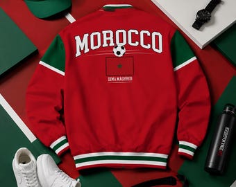 Morocco Soccer Bomber Jacket, Morocco Football Varsity Jacket, Red Green Streetwear Jacket, World Cup Fan Apparel, Unisex Game Day Jacket
